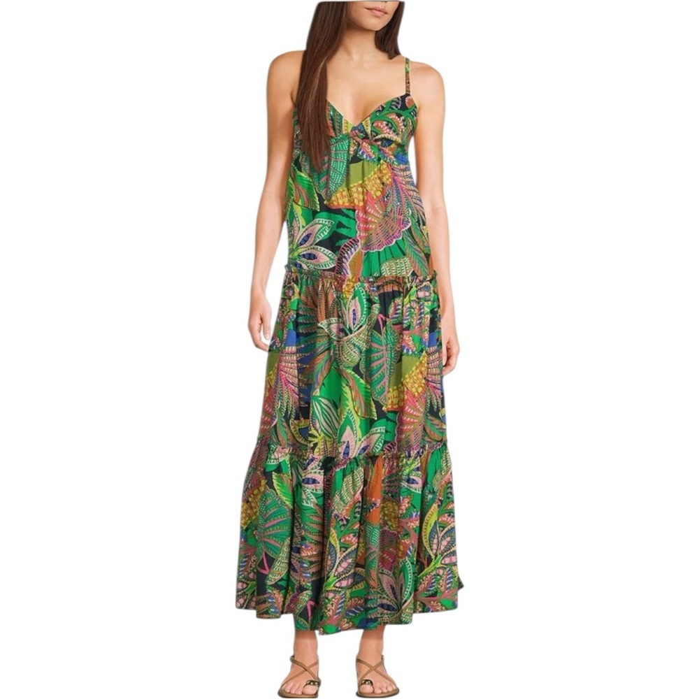 GB Leaf Print V-Neck Tie-Back Tiered Maxi Dress size Juniors Medium NWT Tropical - Picture 1 of 13